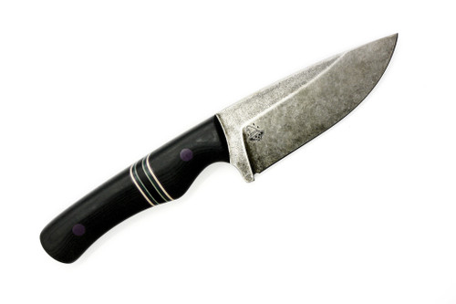 The Wizard Forge - Goblin - 4" Stonewash 52100 Fixed Blade W/ Forest Purple Handle and Black Kydex Sheath W/ Teal Straps The Wizard Forge - Goblin - 4" Stonewash 52100 Fixed Blade W/ Forest Purple Handle and Black Kydex Sheath W/ Teal Straps