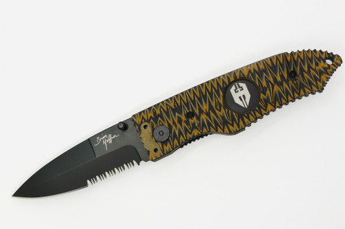 Hoffner Knives: SNAP Flatline - 3.5" Black 440C Super Steel Partially Serrated Folding Knife - Corona Maduro G10 Handle