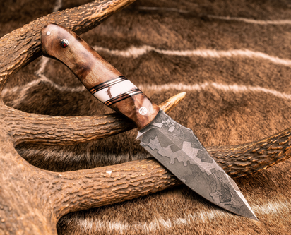 Half Face Blades - Field Knife - Redwood Burl, Black G10 and Copper Pin Striping, White with Copper Matrix Tru-stone Split, Copper Patriot Pins, 1/8" Copper Pin, Textured Grip