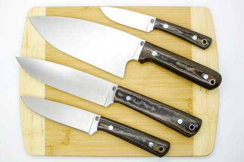 LT Wright Knives Cookcraft Collection Four Piece Knife Set w/ Bag and Board - AEB-L Steel - Flat Grind - Chocolate/Brown/Maple Valley Richlite Custom Scales - Polished Finish