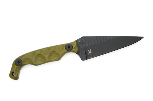 Stroup Knives: Mini, Black Cerakote Fixed Blade Knife w/ OD Green G10 Sculpted Handle Stroup Knives: Mini, Black Cerakote Fixed Blade Knife w/ OD Green G10 Sculpted Handle