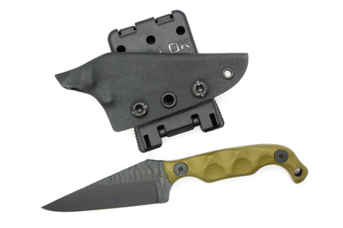 Stroup Knives: Mini, Black Cerakote Fixed Blade Knife w/ OD Green G10 Sculpted Handle