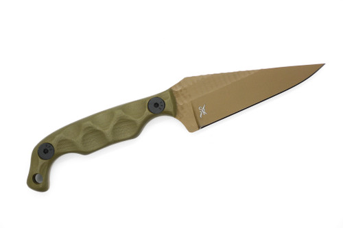 Stroup Knives: Mini, FDE Cerakote Fixed Blade Knife w/ OD Green G10 Sculpted Handle Stroup Knives: Mini, FDE Cerakote Fixed Blade Knife w/ OD Green G10 Sculpted Handle