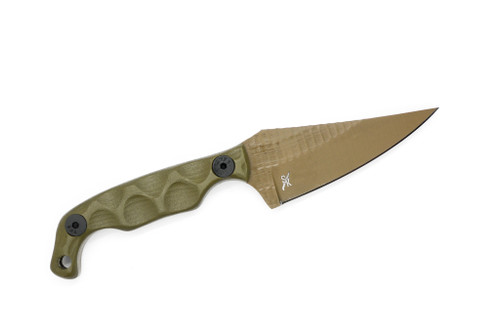 Stroup Knives: Mini 1, FDE Cerakote Fixed Blade Knife w/ OD Green G10 Sculpted Handle Stroup Knives: Mini 1, FDE Cerakote Fixed Blade Knife w/ OD Green G10 Sculpted Handle