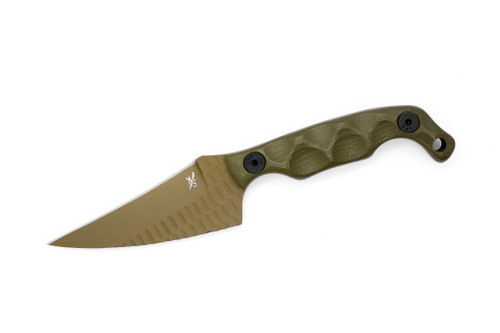 Stroup Knives: Mini 2, FDE Cerakote Fixed Blade Knife w/ Rosewood Sculpted Handle Stroup Knives: Mini 2, FDE Cerakote Fixed Blade Knife w/ Rosewood Sculpted Handle