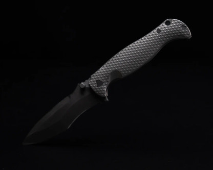 Half Face Blades - Extremis Folder - Tumbled Raw Ti Scales, PVD Coated Blade, Deep Carry Pocket Clip