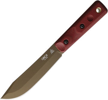 Ontario XL Hunter - 5.5" Bronze 1095 Fixed Blade Knife w/ Red Canvas Micarta Handle & Brown Leather Sheath
