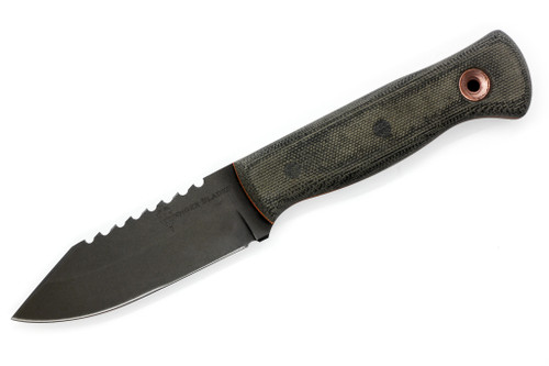 Dave Wenger Blades: Honey Badger - 4" CPM-3V Steel Blade W/ Rear Saw Tooth - Black Canvas Micarta W/ Orange Liners Handle - Kydex Sheath