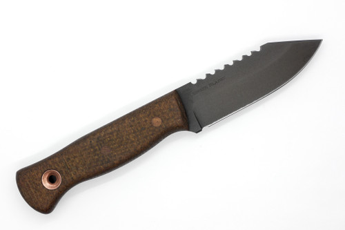 Dave Wenger Blades: Honey Badger - 4" CPM-3V Steel Blade W/ Rear Saw Tooth - Brown Burlap Micarta Handle - Kydex Sheath Dave Wenger Blades: Honey Badger - 4" CPM-3V Steel Blade W/ Rear Saw Tooth - Brown Burlap Micarta Handle - Kydex Sheath