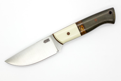 Bald Man Knife & Tool - B.A.S.K. - 3.25" Nitro-V Fixed Blade W/ Ivory G-10 W/ Crushed Mammoth Tusk & Olive Micarta Handle & Brown Kydex Sheath