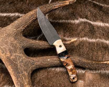 Half Face Blades - Crow Jr. - Giraffe Bone, Black G10 and Brass Pin Striping, Black with Gold Web Tru-stone Split, Spalted Maple, Brass Mosaic Pins, Brass Lanyard Pin, Textured Grip