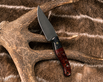 Half Face Blades - Crow Jr. - Carbon, Black G10 and Brass Pin Striping, Red with Gold Web Tru-stone Split, Dyed Amboyna Burl, Mosaic Pins, Brass Lanyard Pin, Textured Grip