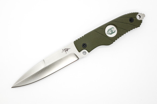 Hoffner Knives: Hand Spear - 5" Silver 440C Stainless Steel Fixed Blade Knife - Flatline Olive G10 Handle