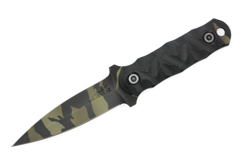 Half Face Blades - Combat Dagger - Black G10, Tiger Stripe Camo Cerakote, Allen Bolts, Textured Grip