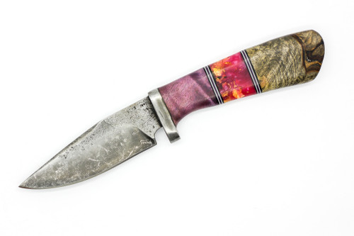 Black Bird Knives - Hidden Tang - One-Off - 3.1" 80crv2 steel fixed W/ Purple, Gold Flakes in Pink Acrylic, & Wood Handle