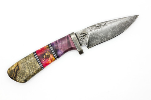 Black Bird Knives - Hidden Tang - One-Off - 3.1" 80crv2 steel fixed W/ Purple, Gold Flakes in Pink Acrylic, & Wood Handle Black Bird Knives - Hidden Tang - One-Off - 3.1" 80crv2 steel fixed W/ Purple, Gold Flakes in Pink Acrylic, & Wood Handle