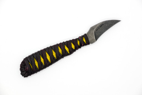 Aux Mfg - Tsume - Capt Rikki Edition - 1.6" AEB-L stainless steel Blade w/ Purple Epoxied Cord Wrap Over Holographic Yellow Stingray Handle Aux Mfg - Tsume - Capt Rikki Edition - 1.6" AEB-L stainless steel Blade w/ Purple Epoxied Cord Wrap Over Holographic Yellow Stingray Handle