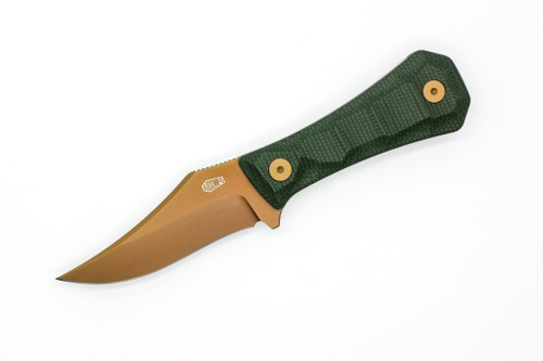 Aux Mfg - Pocket Bowie Deadhead - 3" 14c28n Rose Gold PVD Stainless Steel Fixed Blade w/ Green Micarta Handles