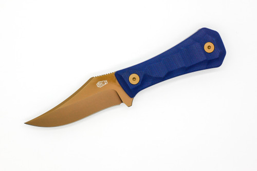 Aux Mfg - Pocket Bowie Deadhead - 3" 14c28n Rose Gold PVD Stainless Steel Fixed Blade w/ Blue Micarta Handles