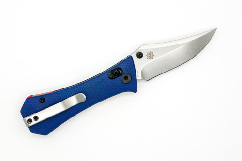 Aux Mfg - Pocket Bowie Crossbar - 2.77" 14c28n Steel Folding Blade w/ Blue Micarta & Red Insert Handles