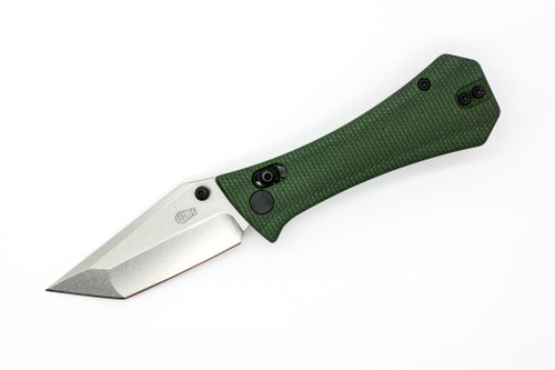Aux Mfg - Pocket Tanto Crossbar - 2.77" 14c28n Steel Folding Blade w/ Green Micarta & Orange Insert Handles