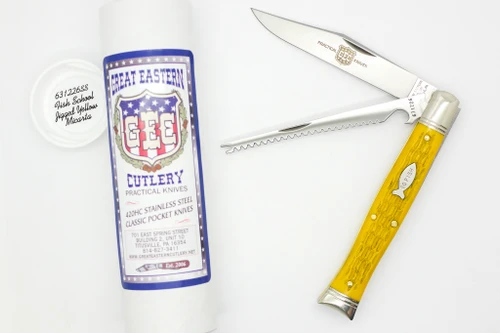 Great Eastern Cutlery Steel Fish Knife Fish School #63 - 2 Blade - Jigged Yellow Micarta