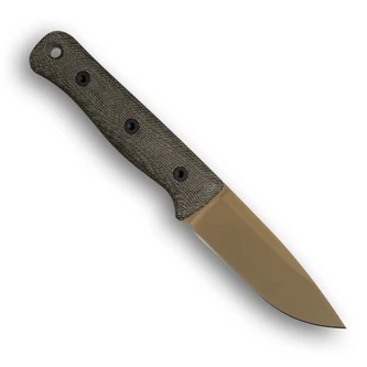 Reiff Knives: F4 Bushcraft - Fixed Blade - CPM 3V - Saber - FDE PVD - Green Canvas Micarta Handles - Black Kydex Sheath
