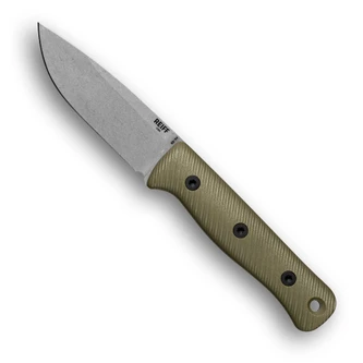 Reiff Knives: F4 Bushcraft - Fixed Blade - CPM 3V - Saber - Stonewash - OD Green G-10 Handles - Black Kydex Sheath