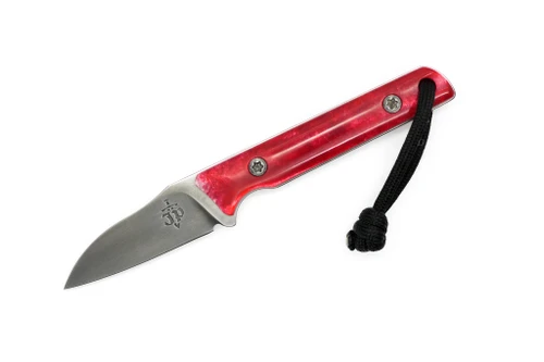 JP Bladesmithing - Wharnfang EDC- 2.25" AEB-L Fixed Blade W/ Red Poured Resin Handle & Brown Leather Sheath