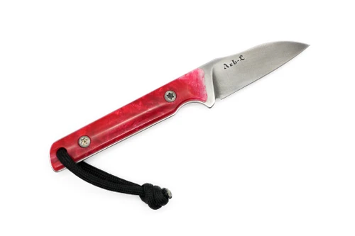 JP Bladesmithing - Wharnfang EDC- 2.25" AEB-L Fixed Blade W/ Red Poured Resin Handle & Brown Leather Sheath