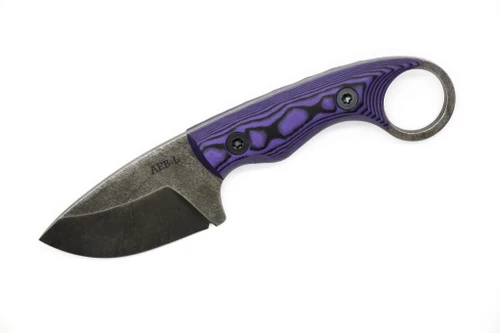 The Wizard Forge - Gremlin - 2.25" Black Stonewash AEB-L Fixed Blade W/ Purple & Black G10 Handle and Black Kydex Sheath W/ Purple Straps
