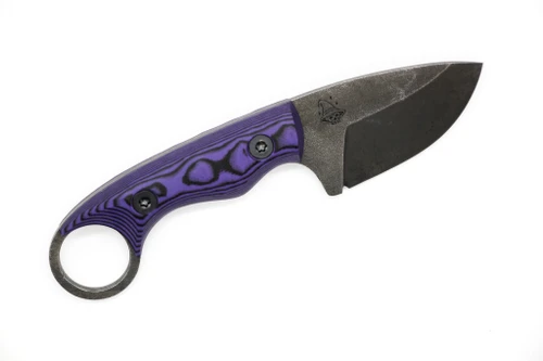 The Wizard Forge - Gremlin - 2.25" Black Stonewash AEB-L Fixed Blade W/ Purple & Black G10 Handle and Black Kydex Sheath W/ Purple Straps