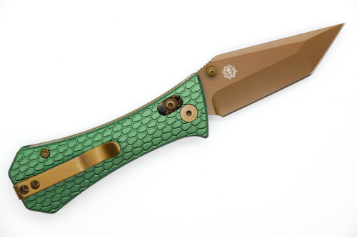 Aux Mfg - Pocket Tanto CB - 2.75" Rose Gold PVD 14c28n Steel Folding Blade w/ Green Milled Aluminum Handles Aux Mfg - Pocket Tanto CB - 2.75" Rose Gold PVD 14c28n Steel Folding Blade w/ Green Milled Aluminum Handles
