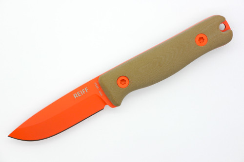 Reiff Knives: F3 Extreme Conditions - Field Survival Knife - Fixed Blade - CPM 3v, Saber, Hi-Vis Orange Blade, Coyote Tan G10 Handle, Brown Leather Sheath
