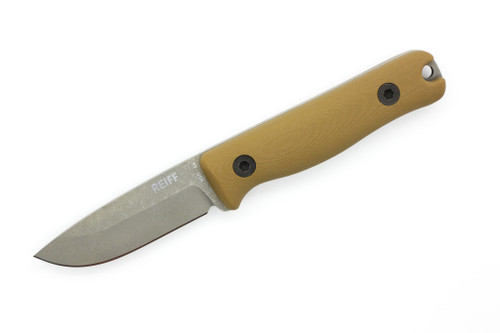 Reiff Knives: F3 - Fixed Blade - CPM 3V - Saber, Stonewash, Coyote Tan G-10, Brown Leather Sheath