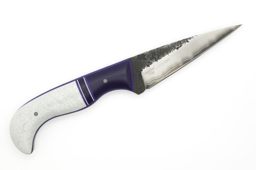 Aux Mfg & Wasteland Forge Collaboration - San Mai Karl - 4.3" 416ss & 80CRV2 Steel Blade w/ Spun Glass & Purple Liners Handle Aux Mfg & Wasteland Forge Collaboration - San Mai Karl - 4.3" 416ss & 80CRV2 Steel Blade w/ Spun Glass & Purple Liners Handle