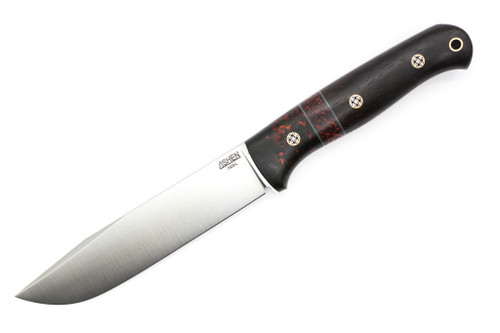 Lishen Knives - Warden - 5.5" AEB-L Fixed Blade W/ Indonesian Burl, Red Palm, & Wenge Black Liners W/ Mosaic Pins Handle