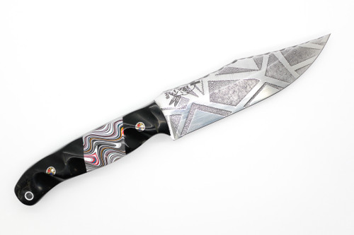 Half Face Blades - Crow Scout - Polished Multilayered Acid Etched S45VN Blade, Black Rams Horn W/ Fordite Split, Mosaic Pins, Aluminum Lanyard Pin, Textured Grip