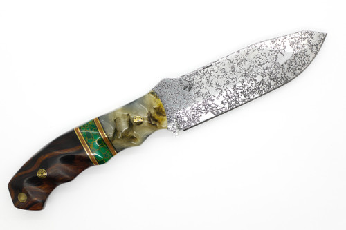 Half Face Blades - Disaster Breacher - Polished Multilayered Acid Etched 3V Blade, Ram horns, Brass & Natural Micarta Pin Stripping, Arizona Jade Tru-Stone Split, Desert Ironwood, Mosaic Pins, Copper Lanyard Pin, Textured Grip Half Face Blades - Disaster Breacher - Polished Multilayered Acid Etched 3V Blade, Ram horns, Brass & Natural Micarta Pin Stripping, Arizona Jade Tru-Stone Split, Desert Ironwood, Mosaic Pins, Copper Lanyard Pin, Textured Grip