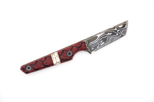 Lex Rex Customs - Mini Deathstick - 2" Damasacus Steel Fixed Knife W/ Red & Black Grip-X W/ White & Copper Tru-Stone & Red Liners Handle Lex Rex Customs - Mini Deathstick - 2" Damasacus Steel Fixed Knife W/ Red & Black Grip-X W/ White & Copper Tru-Stone & Red Liners Handle