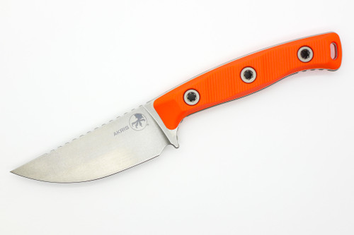 Microtech - Akris - 3.7" Stonewash M390MK Steel fixed Blade W/ Ember G-10 Handle & Dark Chocolate Leather Sheath