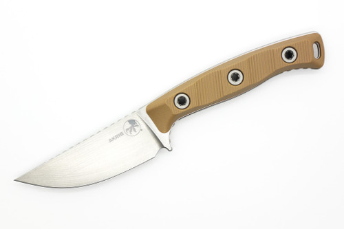 Microtech - Akris - 3.7" Stonewash M390MK Steel fixed Blade W/ Dark Earth G-10 Handle & Dark Chocolate Leather Sheath