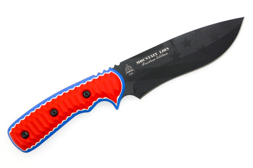 TOPS Knives - 250th Mountain Lion Freedom Edition - MTLN-250 - American Flag Etched Black Traction Coated Blade W/ Red, White, & Blue G-10 Handles