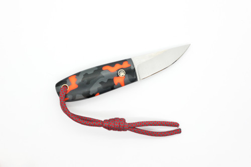 Toros Knife & Tool - Bear Claw - 2.1875" N690 Steel Fixed Blade W/ Black, White, & Orange Camo Epoxy & Brown Leather Sheath Toros Knife & Tool - Bear Claw - 2.1875" N690 Steel Fixed Blade W/ Black, White, & Orange Camo Epoxy & Brown Leather Sheath