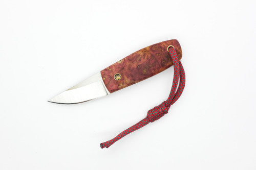 Toros Knife & Tool - Bear Claw - 2.1875" N690 Steel Fixed Blade W/ Red & Orange Stabilized Wood & Red Leather Sheath 