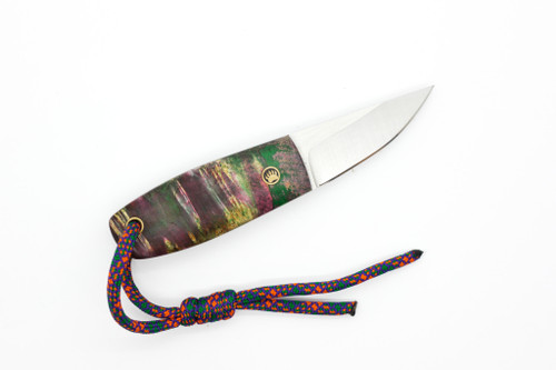Toros Knife & Tool - Bear Claw - 2.1875" N690 Steel Fixed Blade W/ Green, Purple, & Yellow Dyed Stabilized Wood & Red Leather Sheath Toros Knife & Tool - Bear Claw - 2.1875" N690 Steel Fixed Blade W/ Green, Purple, & Yellow Dyed Stabilized Wood & Red Leather Sheath
