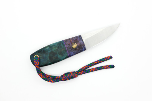 Toros Knife & Tool - Bear Claw - 2.1875" N690 Steel Fixed Blade W/ Green, Blue, & Purple Dyed Stabilized Wood & Blue Leather Sheath Toros Knife & Tool - Bear Claw - 2.1875" N690 Steel Fixed Blade W/ Green, Blue, & Purple Dyed Stabilized Wood & Blue Leather Sheath