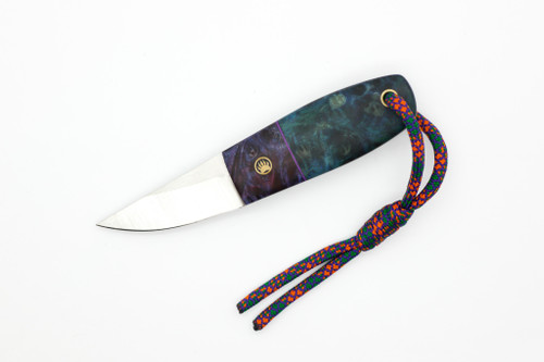 Toros Knife & Tool - Bear Claw - 2.1875" N690 Steel Fixed Blade W/ Green, Blue, & Purple Dyed Stabilized Wood & Blue Leather Sheath 