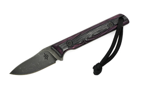 JP Bladesmithing - Fang EDC- 2.25" AEB-L Fixed Blade W/ Mirkwood Texture Purple Haze Dymalux Handle & Black Leather Sheath