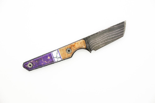 Lex Rex Customs - Mini Deathstick - 2" Alabama Damascus Steel Fixed Blade W/ Maple Stabilized Wood W/ Tru-Stone & Purple Epoxy Handle 